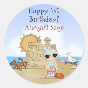 Pegatinas del primer cumpleaños del bebé de playa