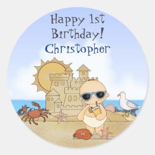 Pegatinas del primer cumpleaños del bebé de playa