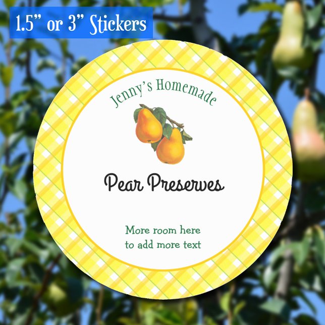 Pegatinas Editables de Recetas de Oro con Cheques  (Pears retro yellow plaid canning sticker)