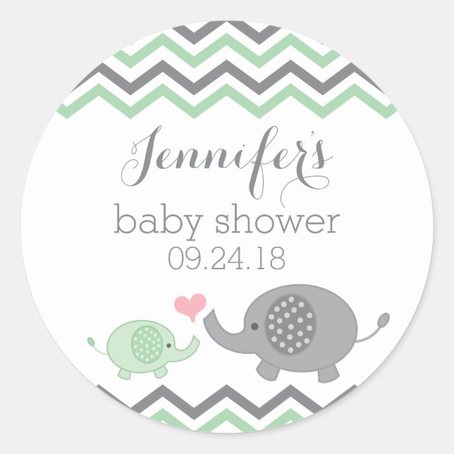 Pegatinas elefantes de Baby Shower Green Gray Chev (Anverso)