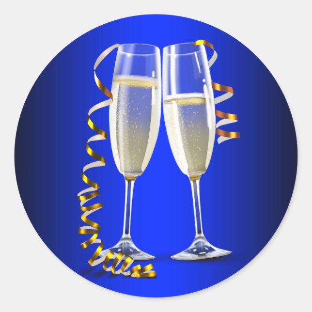 Pegatinas elegantes de copa de champán azul y oro (Anverso)