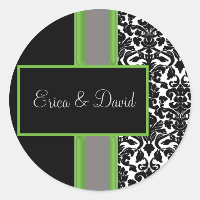 pegatinas en Monograma de la boda de lime damask (Anverso)