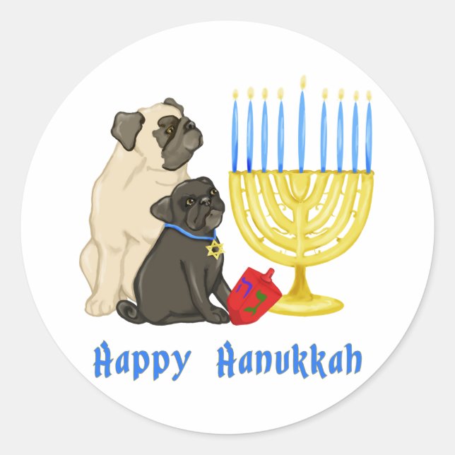 Pegatinas felices de Hanukkah Pugs y Menorah (Anverso)