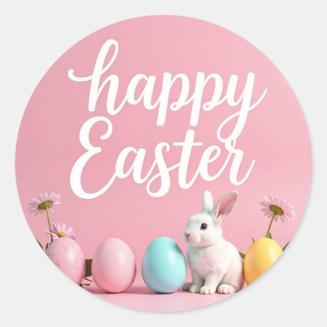 Pegatinas felices de Pascua con huevos y conejito (Anverso)