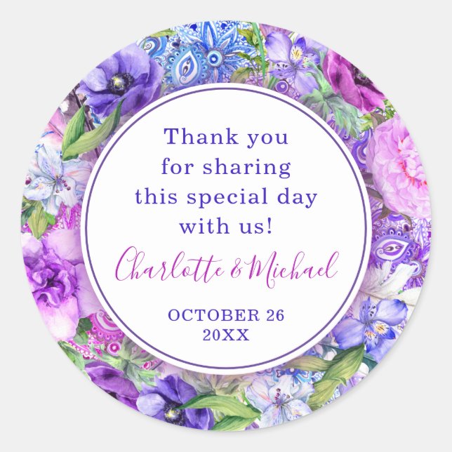 Pegatinas Floral Purple Paisley Watercolor Wedding (Anverso)