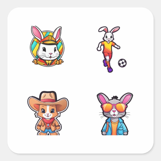 Pegatinas Funny Rabbit Doodle Art Style 4 Pack (Anverso)