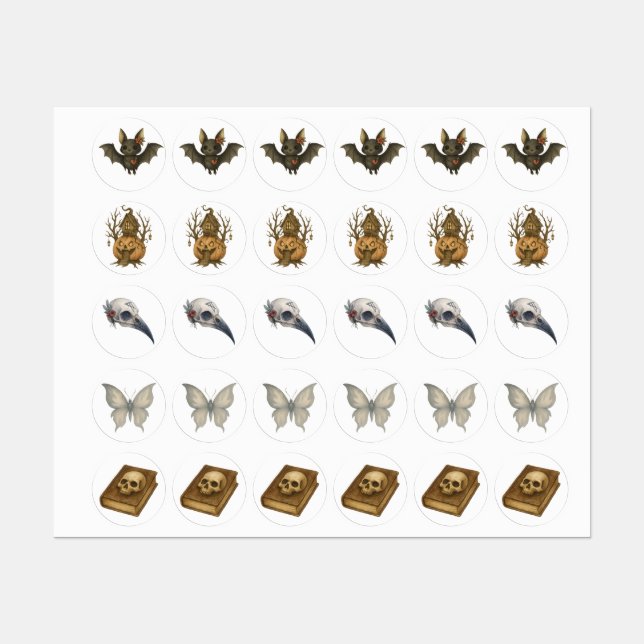 Pegatinas góticos de Halloween - Bat, Skull Book,  (Hoja)