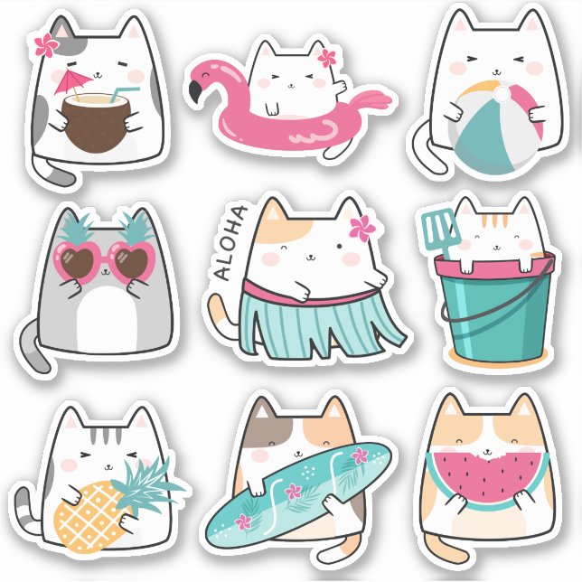 Pegatinas Kawaii Summer Hawaii Kitty Vinyl (Anverso)