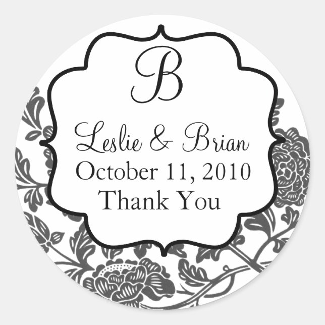 Pegatinas monogramadas de la boda blanca y negra (Anverso)