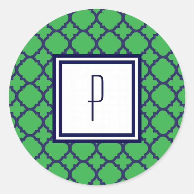 Pegatinas Monogramas del Quatrefoil Azul Verde (Anverso)
