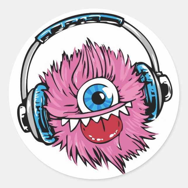 Pegatinas Monstruo de Música Rosa con Auriculares (Anverso)