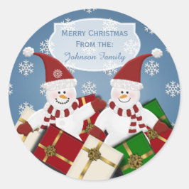 Pegatinas navideñas de Snowman personalizadas azul