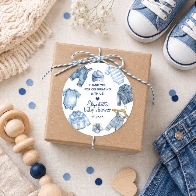 Pegatinas para Baby Shower con tema de mezclilla B (Blue Jean Baby Denim Themed Baby Shower Stickers)
