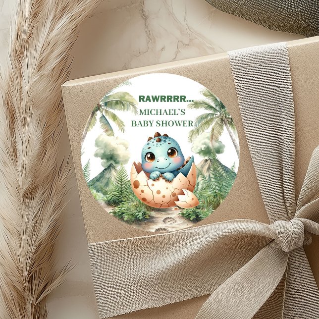 Pegatinas para Baby Shower de Bebé Dinosaurio Ador (Adorable Hatching Soon Dino Baby Shower Stickers)