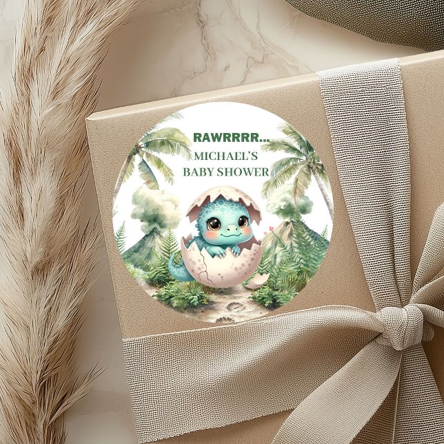 Pegatinas para Baby Shower de Huevo de Dinosaurio  (Hatching Soon Dino Egg Baby Shower Stickers)