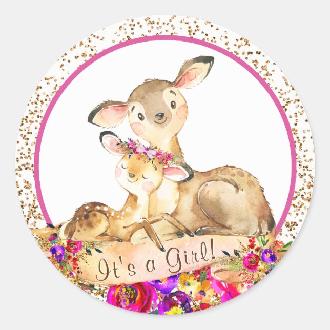 Pegatinas para Baby Shower de Niña Bosque Ciervo (Anverso)