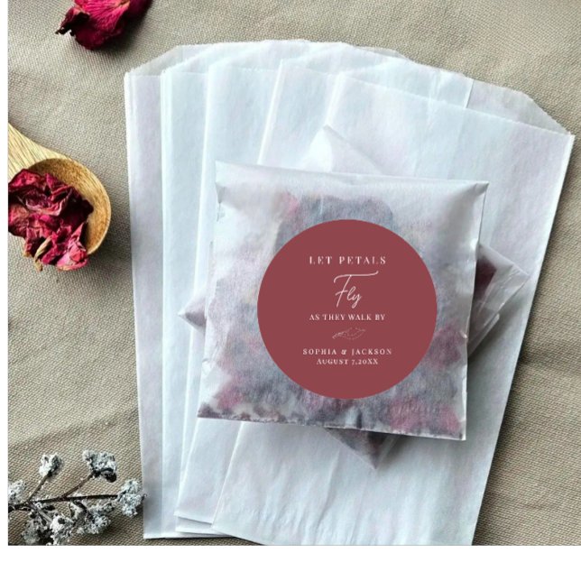 Pegatinas para Bolsa de Lanzamiento de Pétalos de  (Modern wedding petal toss bags sticker bride groom name pink red color)