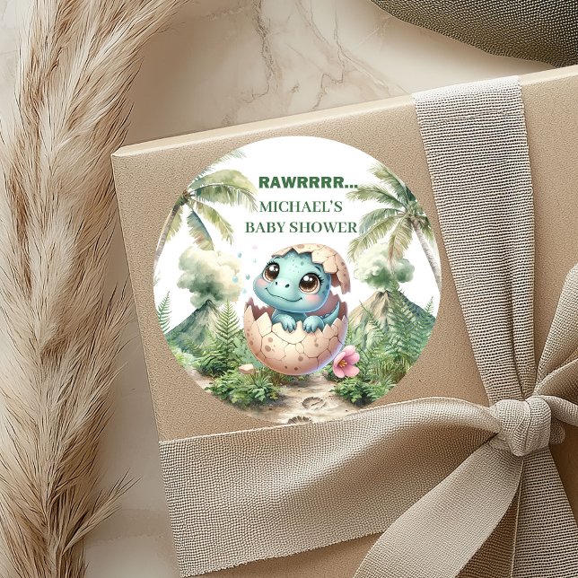 Pegatinas para Fiesta de Cumpleaños de Bebé Dinosa (Hatching Soon Dinosaur Baby Shower Stickers)