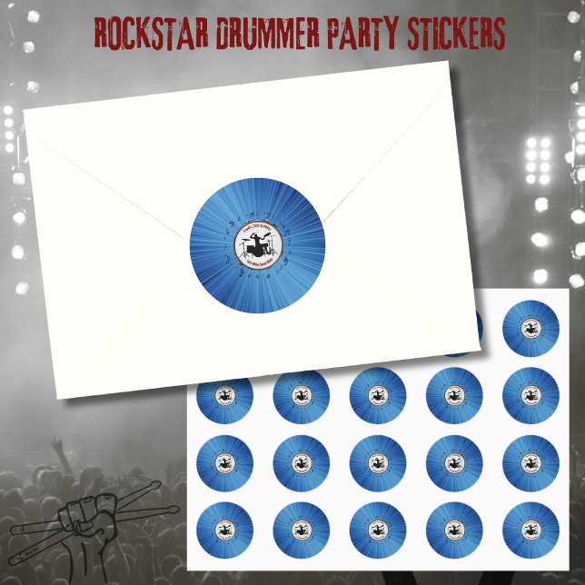 Pegatinas para fiesta de cumpleaños de músico bate (Drummer Beat-tastic Blue Color Burst Birthday Party Stickers)