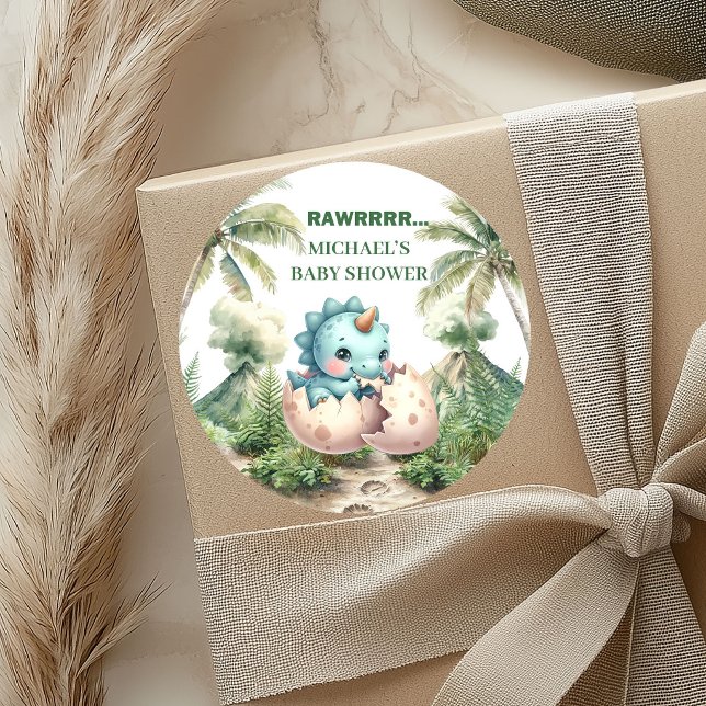 Pegatinas para la ducha de Baby Dino Boy que eclos (Baby Dino Boy Shower Stickers Hatching Soon)