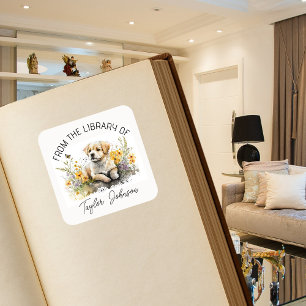 Pegatinas para libros, ex libris floral perro cach