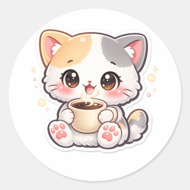 Pegatinas redondas de gato de café Kawaii – Pla de (Anverso)