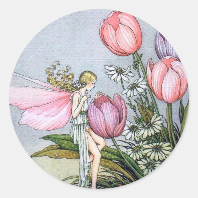 Pegatinas redondas de hadas y tulipanes (Anverso)