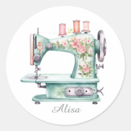 Pegatinas redondas de máquina de coser floral azul
