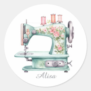 Pegatinas redondas de máquina de coser floral azul