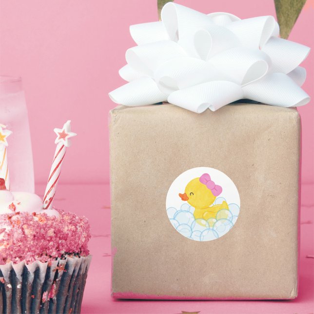 Pegatinas redondas de pato de goma acuarela de niñ (Girl Watercolor Rubber Duck Party Stickers for Duck Birthday or Baby Shower)