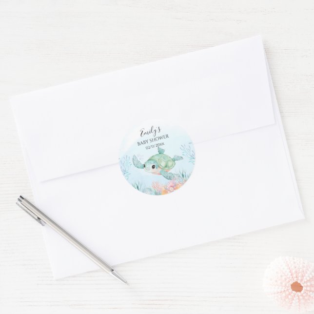 Pegatinas Redondas para Baby Shower de Tortuga Mar (Sobre)