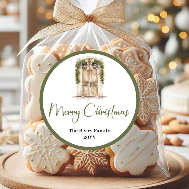 Pegatinas redondas rústicas terrosas de Navidad co (Rustic Earthy Christmas Family Name Round Stickers)