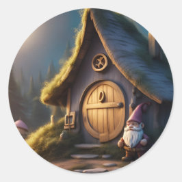 Pegatinas redondos con un encantador Gnome y cabañ