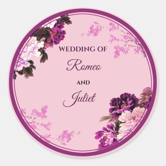 Pegatinas redondos de Boda de anillo morado floral (Anverso)