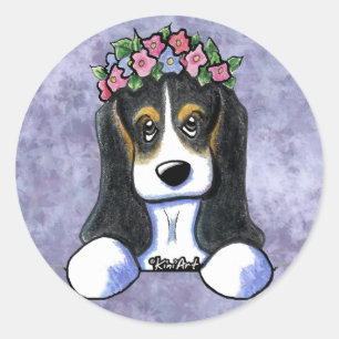 Pegatinas redondos de la chica flor Basset Hound