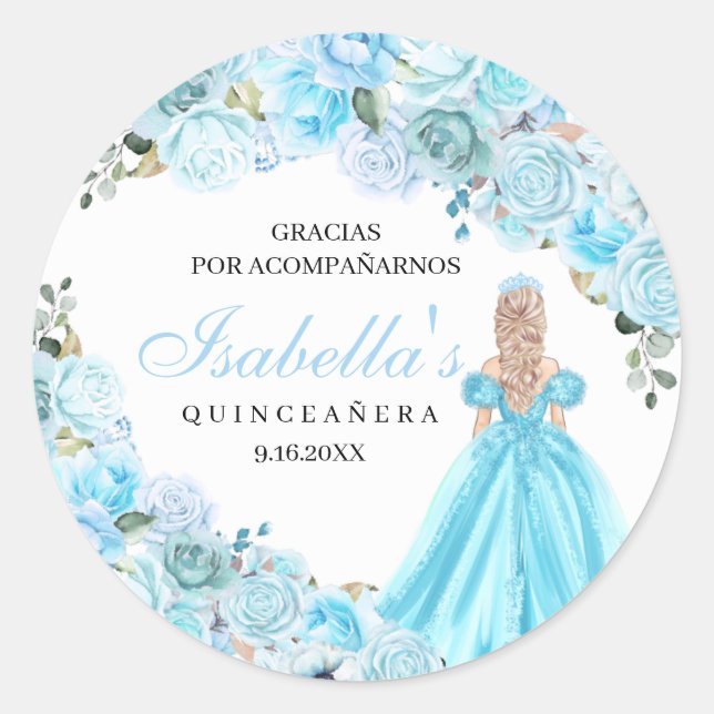 Pegatinas redondos de Quinceanera floral azul ciel (Anverso)