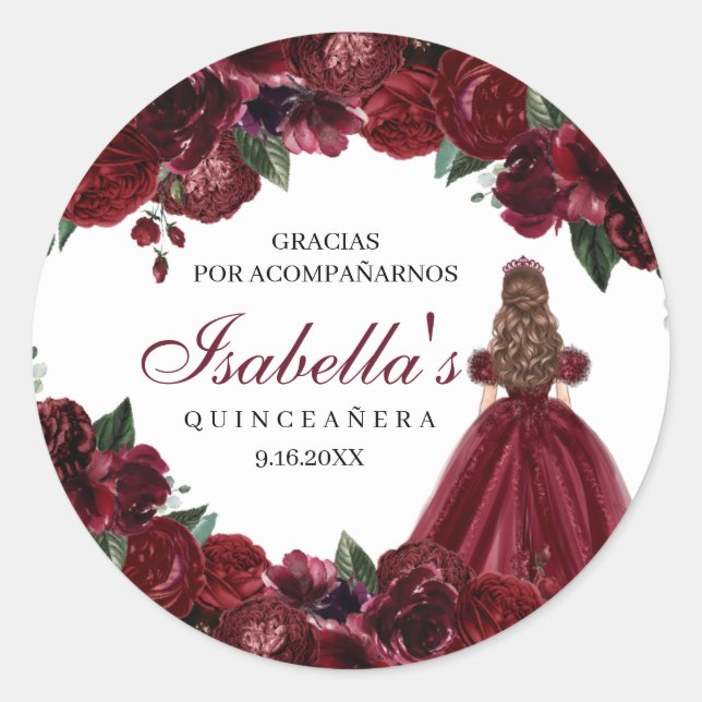 Pegatinas redondos de Quinceanera floral de Borgoñ (Anverso)