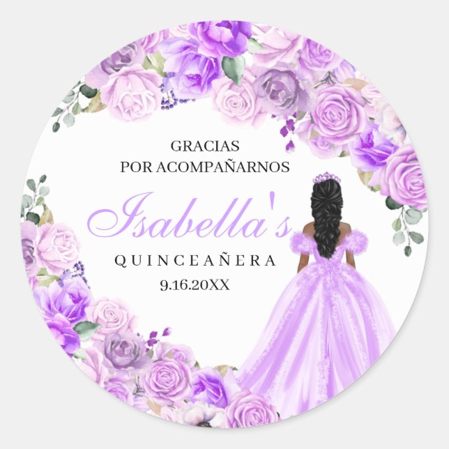 Pegatinas redondos de Quinceanera floral púrpura L (Anverso)