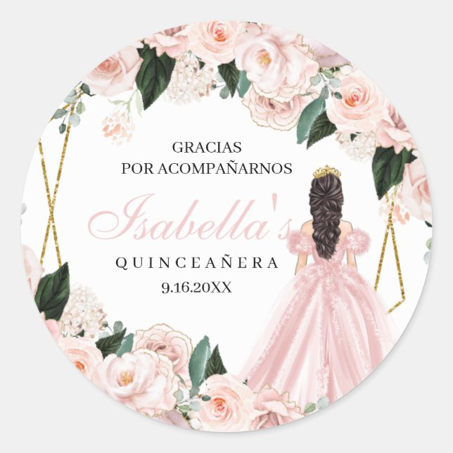 Pegatinas redondos de Quinceanera floral rosa de R (Anverso)