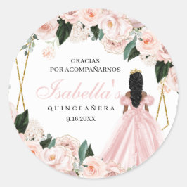Pegatinas redondos de Quinceanera floral rosa de R