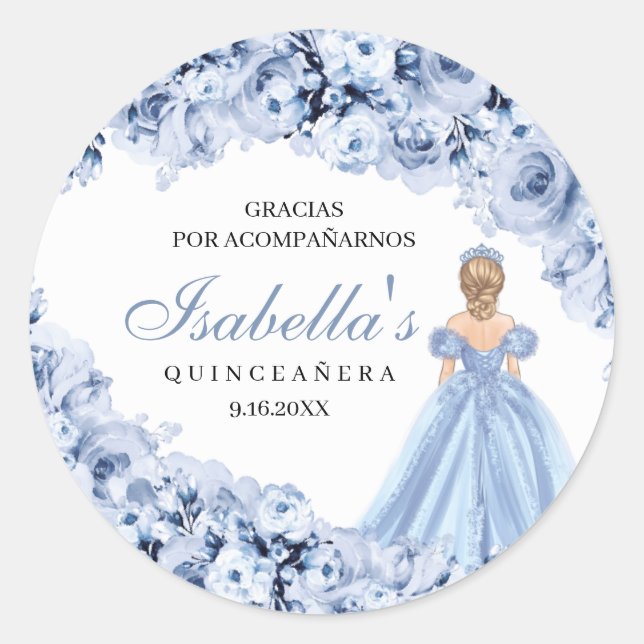 Pegatinas redondos Dusty Blue Floral Quinceanera (Anverso)