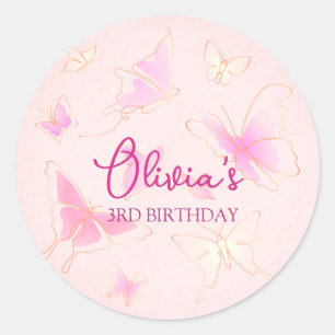 Pegatinas redondos personalizados de mariposa rosa