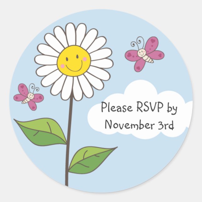 Pegatinas RSVP de Feliz Sonrisa y mariposas (Anverso)