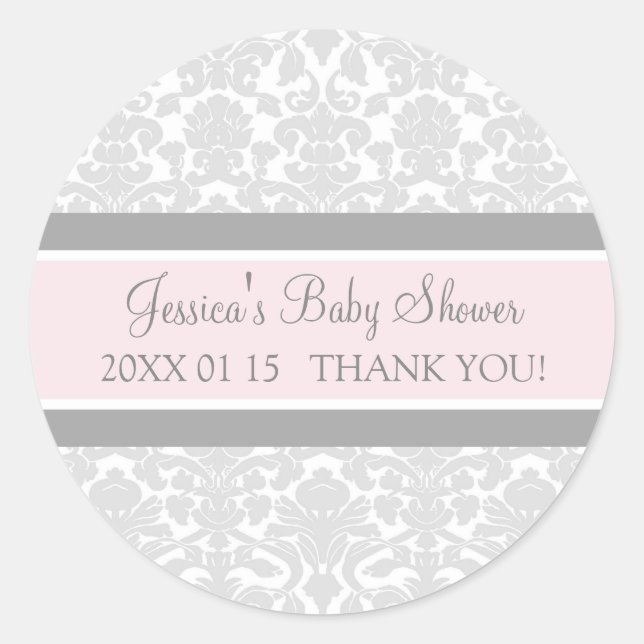Pegatinas Rubor Damask Baby Shower favoritos de gr (Anverso)