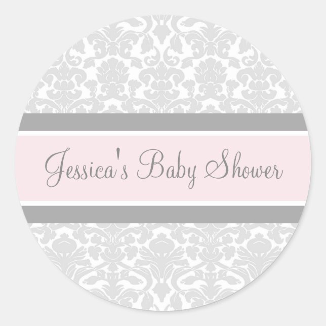 Pegatinas Rubor Damask Baby Shower favoritos de gr (Anverso)