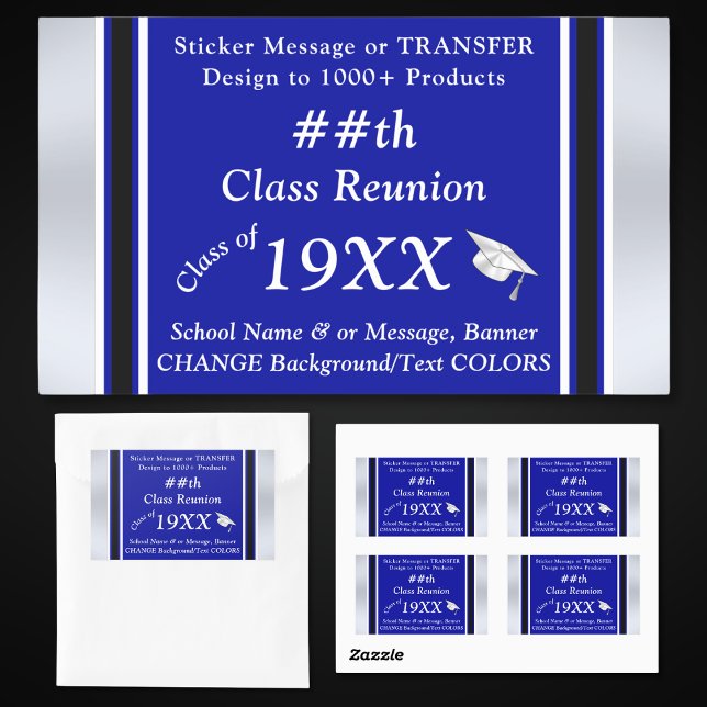 Pegatinas sindicales de clase, COLORES DE CAMBIO,  (Class Reunion Stickers. Class Reunion Party Supplies. Royal Blue, Black and White, Reunion Stickers.)