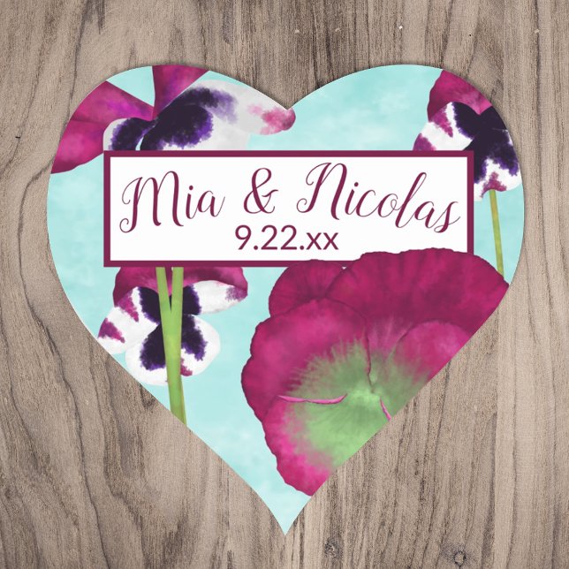 Pegatinas turquesa y rosa (turquoise blue cyan magenta berry pink pansy heart-shaped wedding monogram sticker couples names)