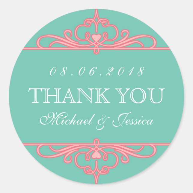 Pegatinas verde azuladas de bodas con ornamentos d (Anverso)