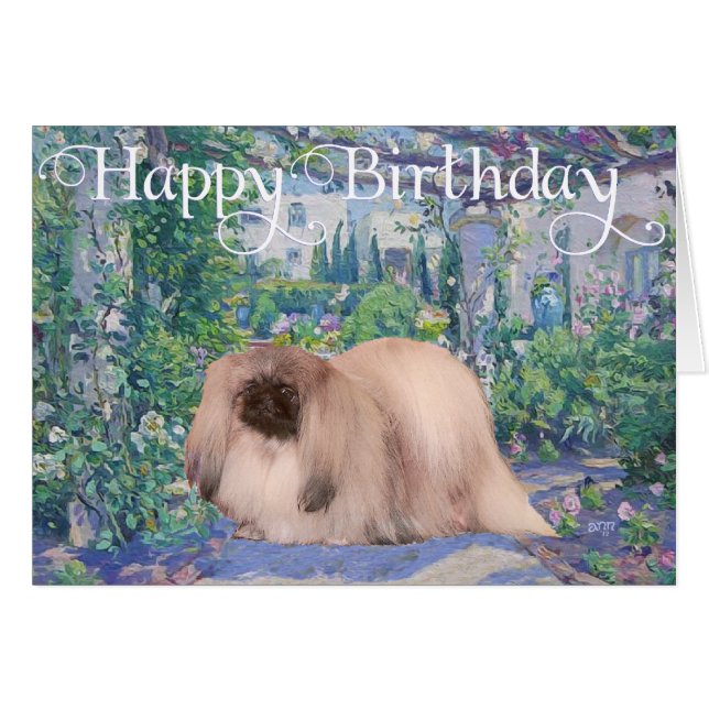 Pekingese en un jardín de flores (Anverso (Horizontal))