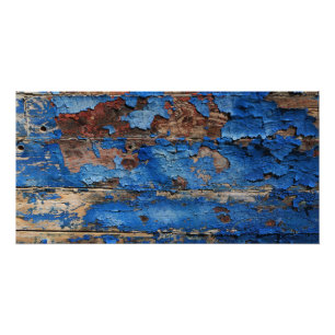 Peladura azul de la pintura de un poster de madera